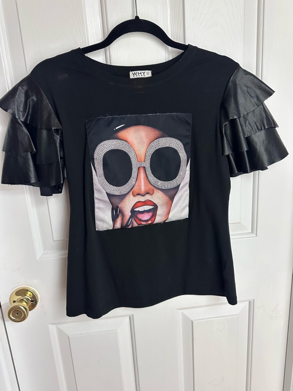 WHY Tiered Ruffle Sleeve Graphic Tee - Black